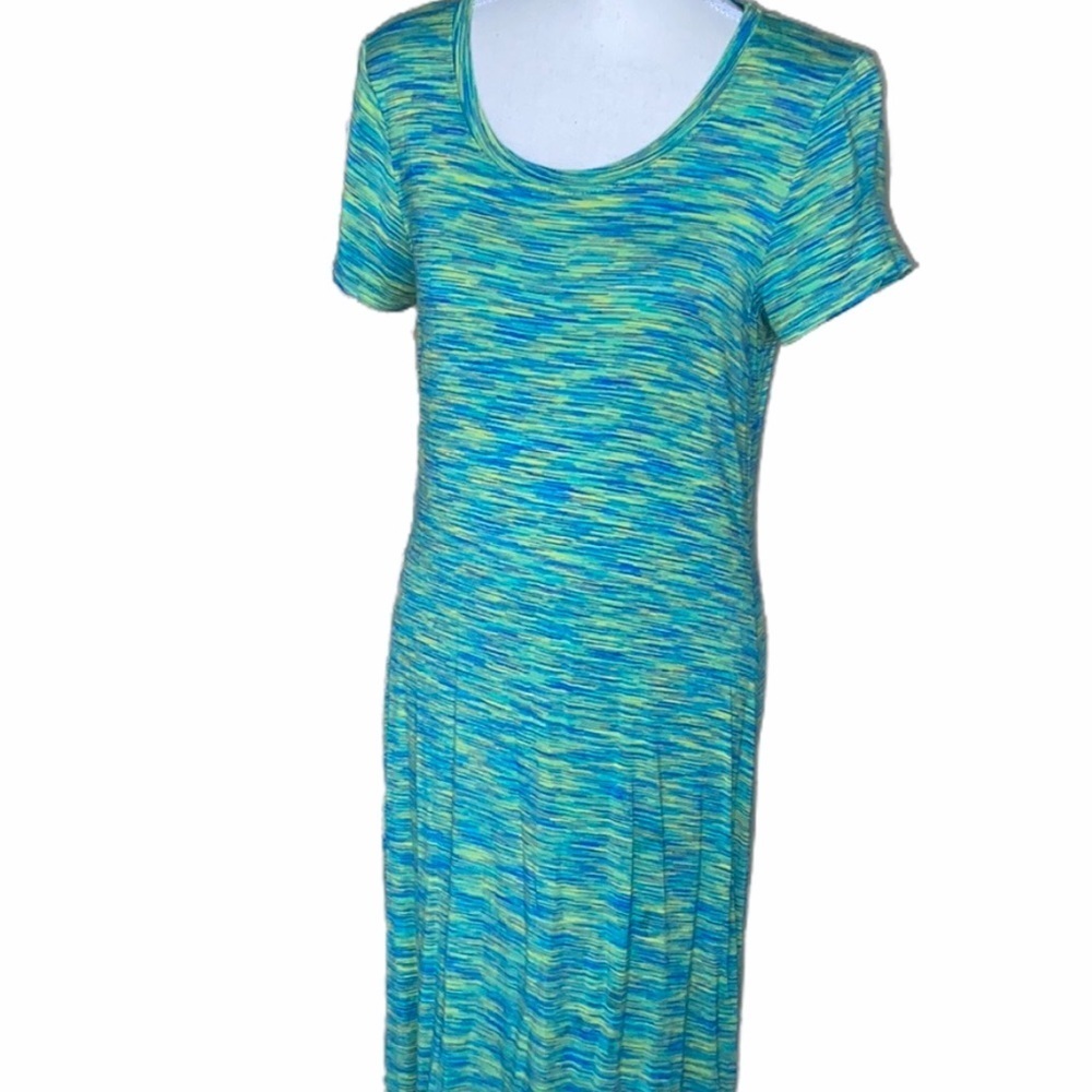 Spense Blue Green & Yellow T-shirt Dress Pullover Stretch Knit Sz M